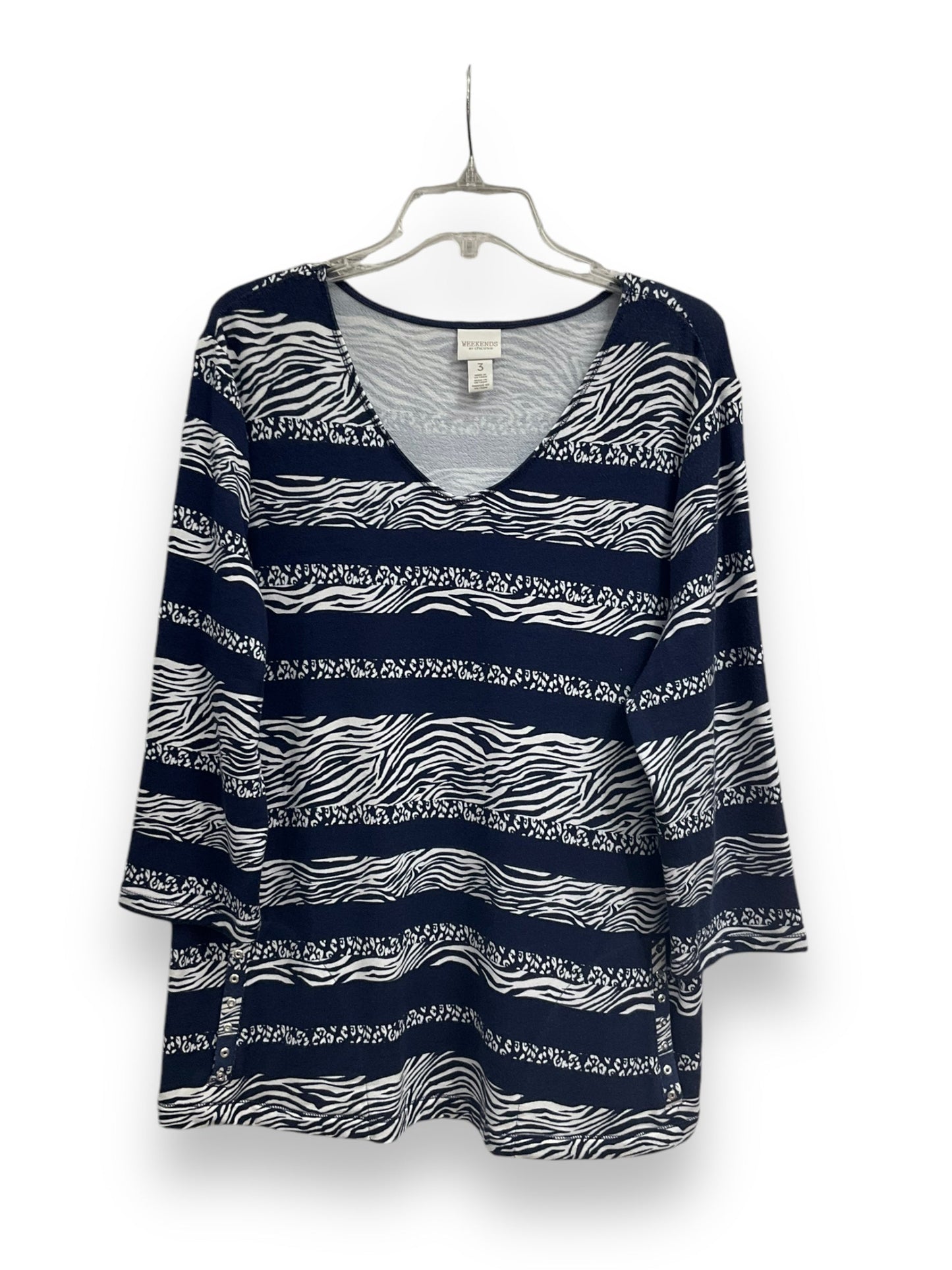 Top 3/4 Sleeve By Chicos In Blue & White, Size: Xl