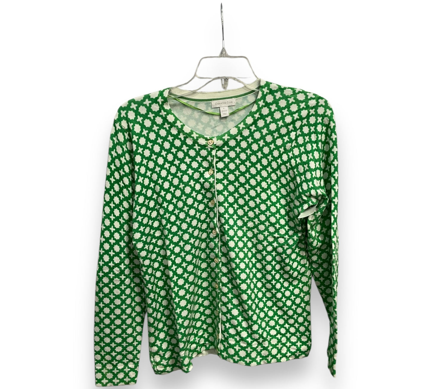 Cardigan By Charter Club In Green & White, Size: L