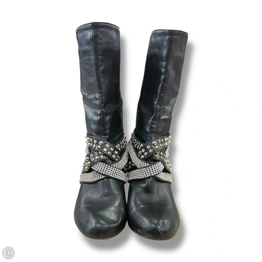 Boots Mid-calf Heels By Clothes Mentor In Black & Silver, Size: 11