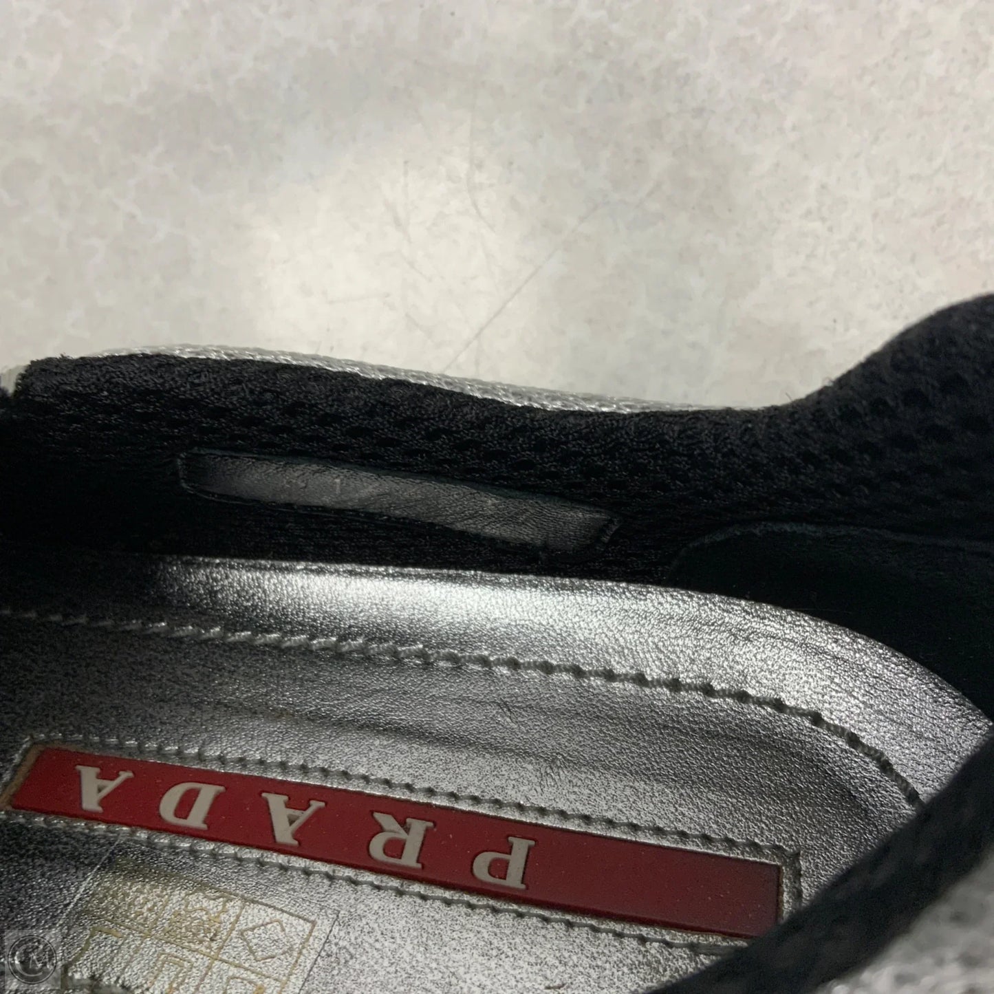 Shoes Luxury Designer By Prada In Grey, Size: 6.5