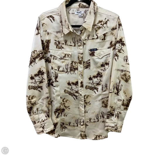 Blouse Long Sleeve By Wrangler In Brown & Cream, Size: L