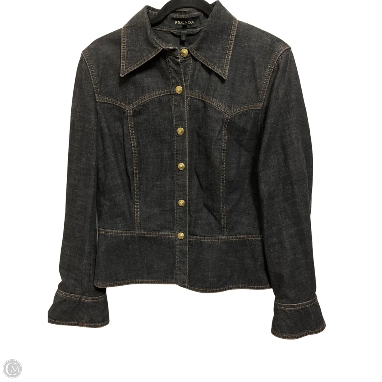 Jacket Designer By Escada In Black Denim, Size: L