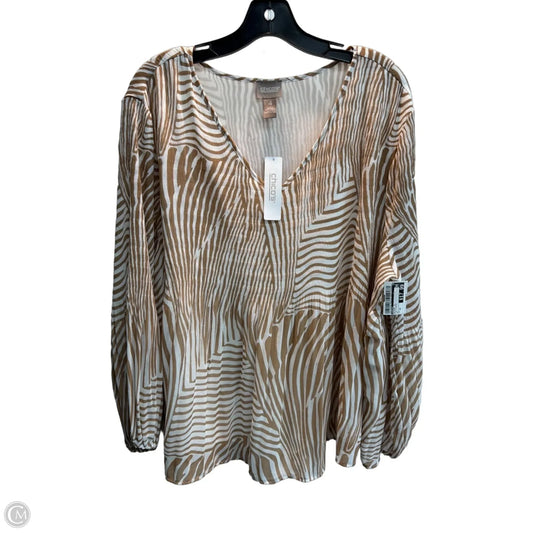 Blouse Long Sleeve By Chicos In Tan & White, Size: 2x
