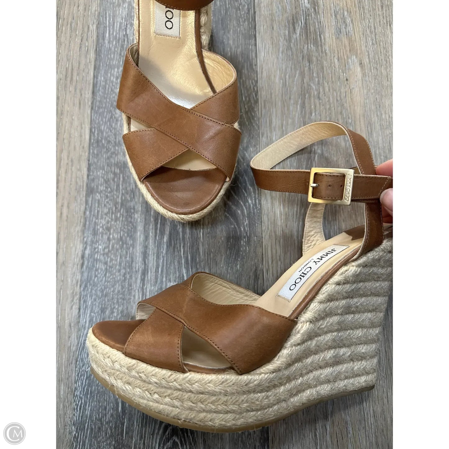 Sandals Luxury Designer By Jimmy Choo In Tan, Size: 9