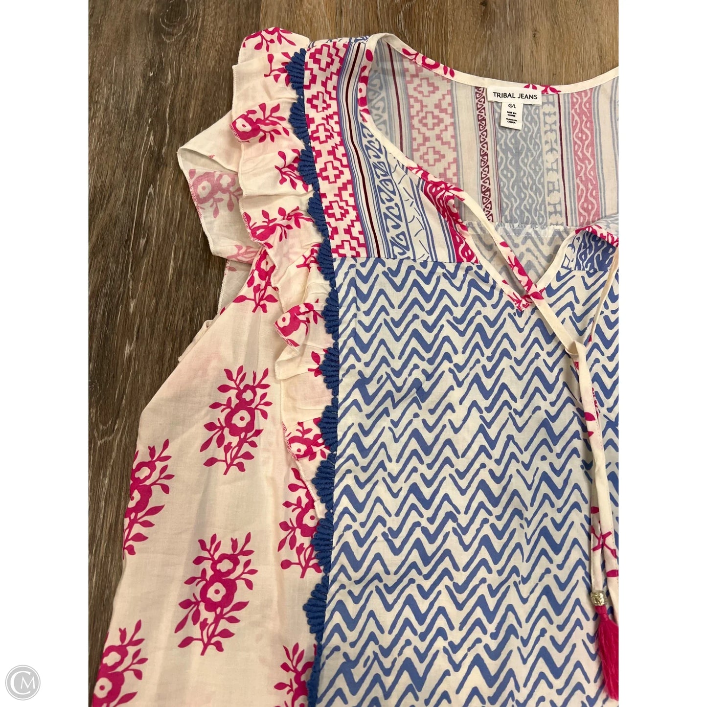 Blouse Short Sleeve By Tribal In Blue & White, Size: L