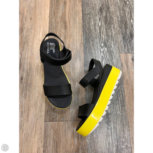 Sandals Flats By Sorel In Black & Yellow, Size: 8.5