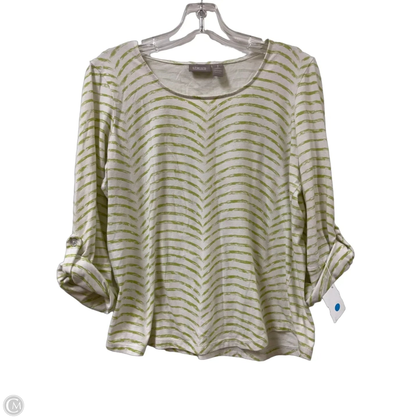 Top Long Sleeve By Chicos In Green & White, Size: M
