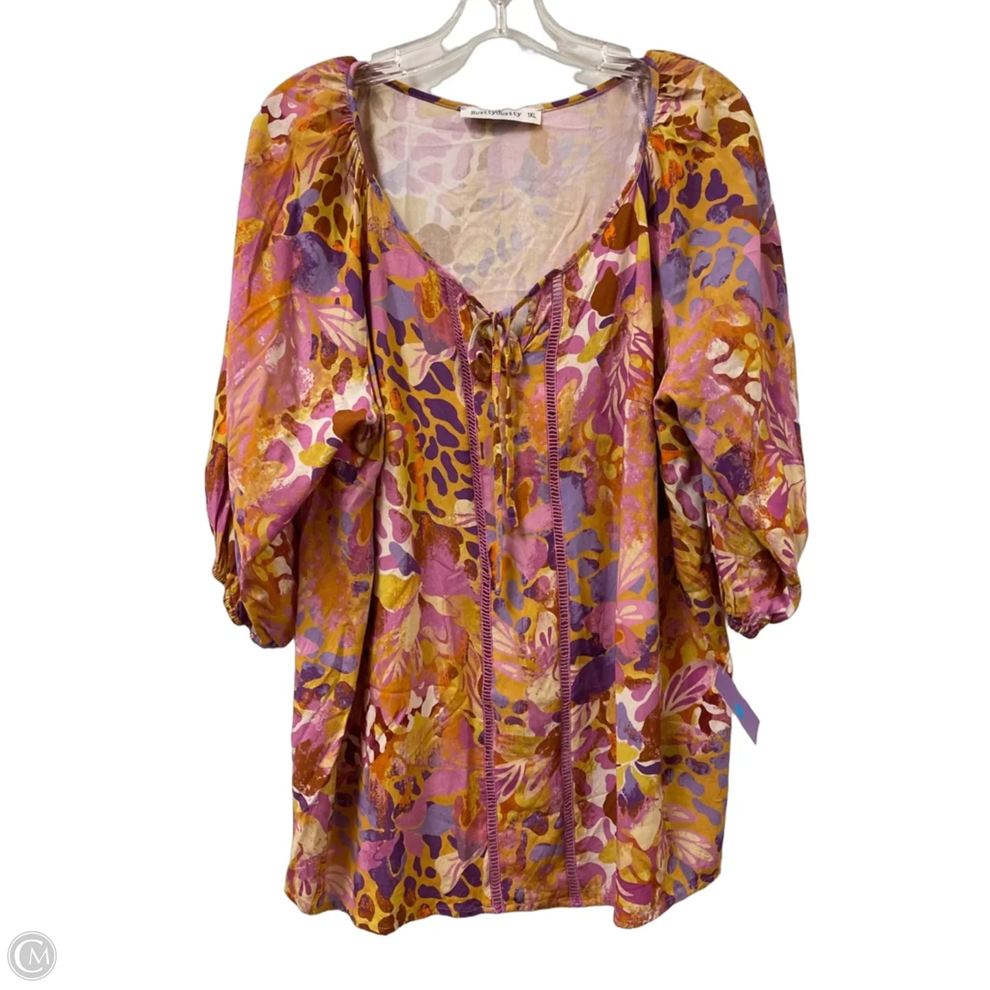 Top Short Sleeve By Rusttydustty In Purple & Yellow, Size: 1x
