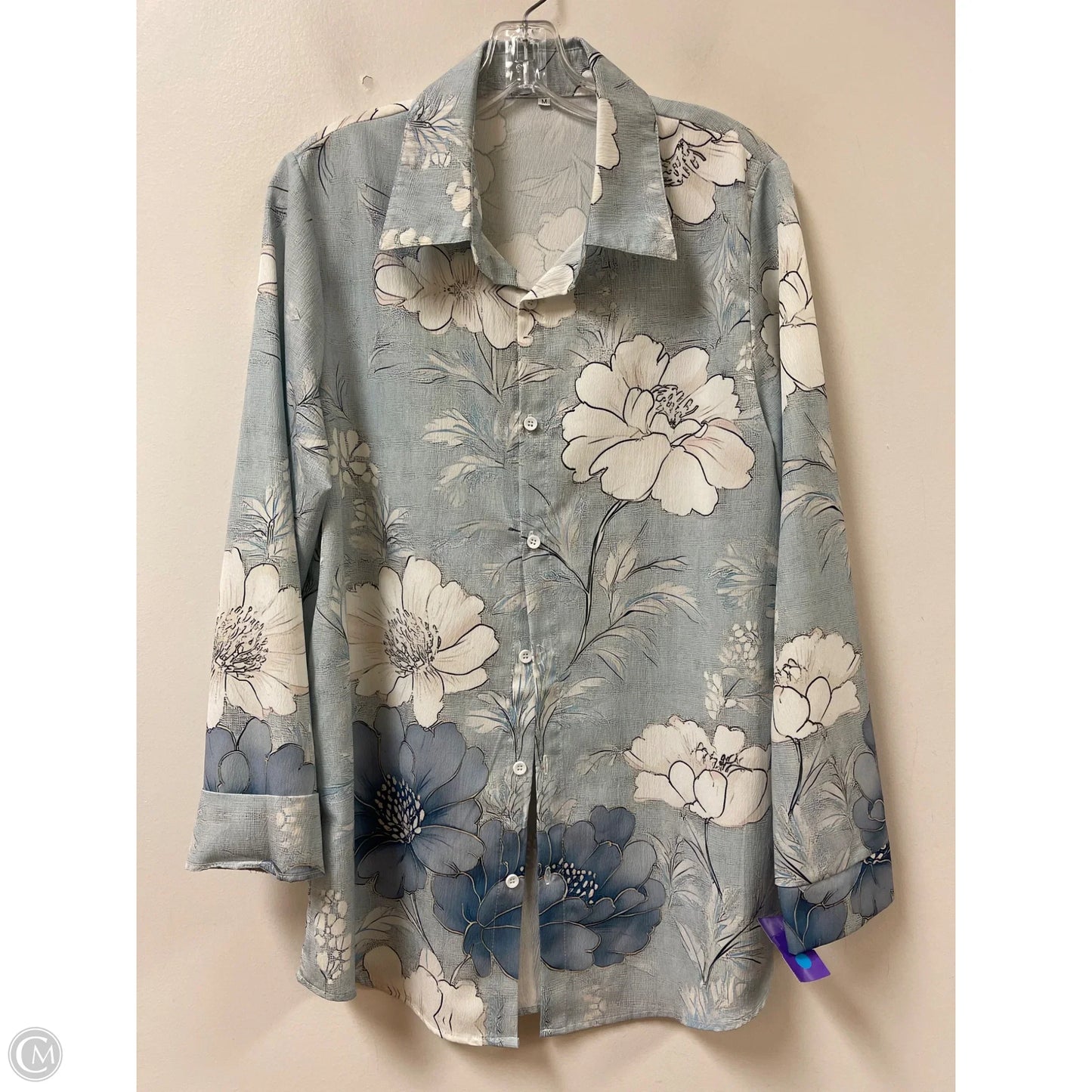 Blouse Long Sleeve By Clothes Mentor In Blue & White, Size: M
