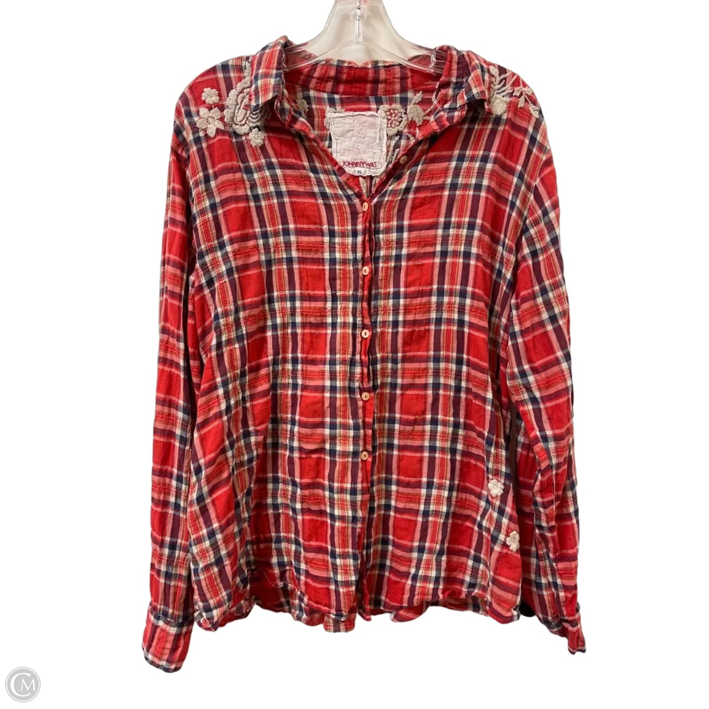 Blouse Designer By Johnny Was In Blue & Red, Size: Xl