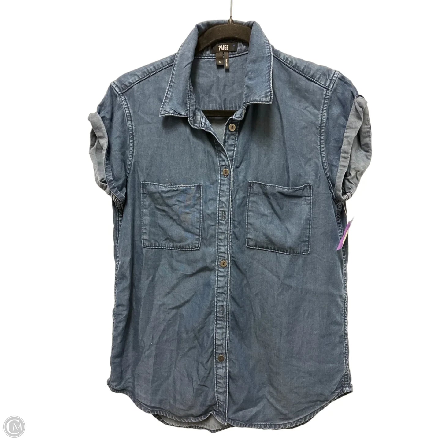 Blouse Short Sleeve By Paige In Blue Denim, Size: S