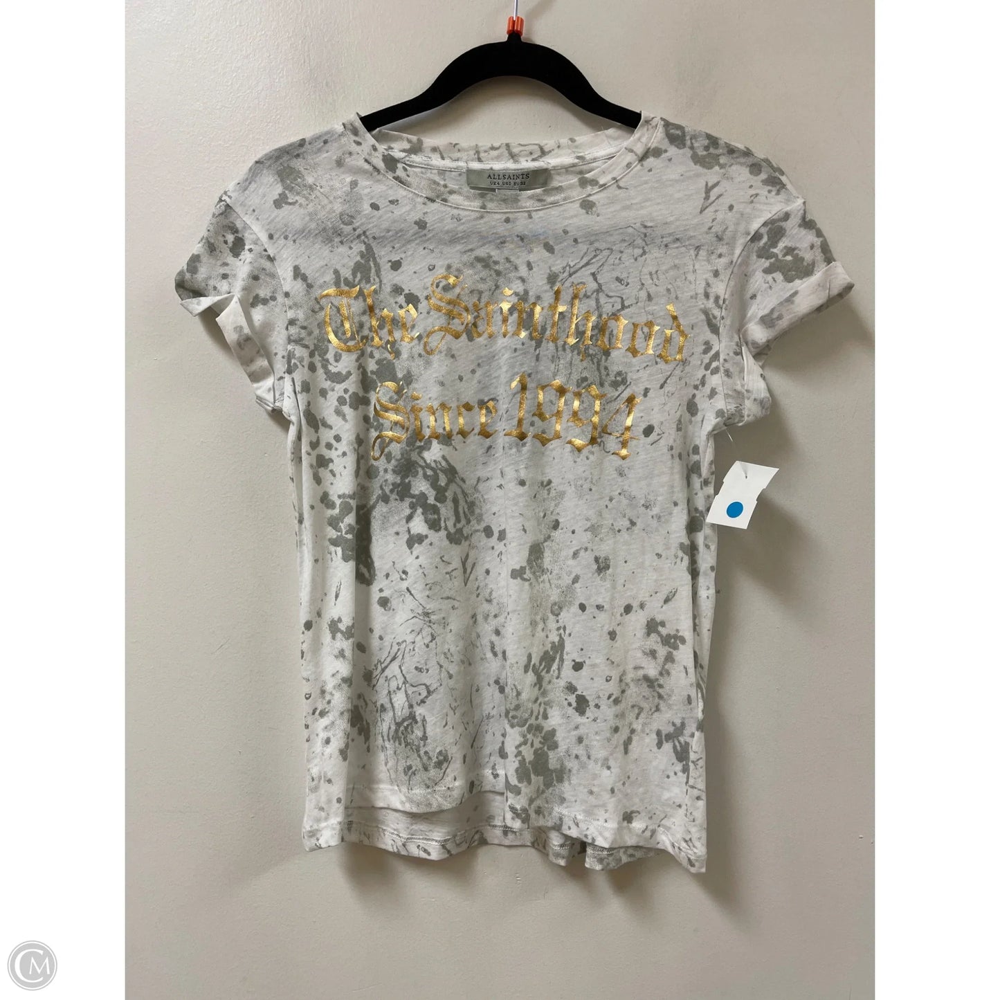 Top Short Sleeve Designer By All Saints In Grey & White, Size: Xs