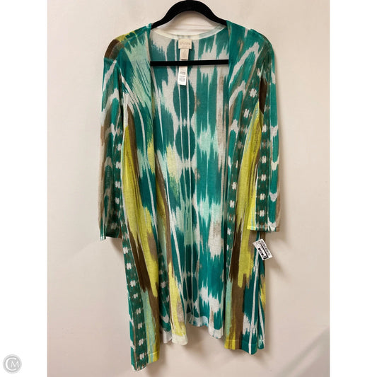 Sweater Cardigan By Chicos In Green & Yellow, Size: L