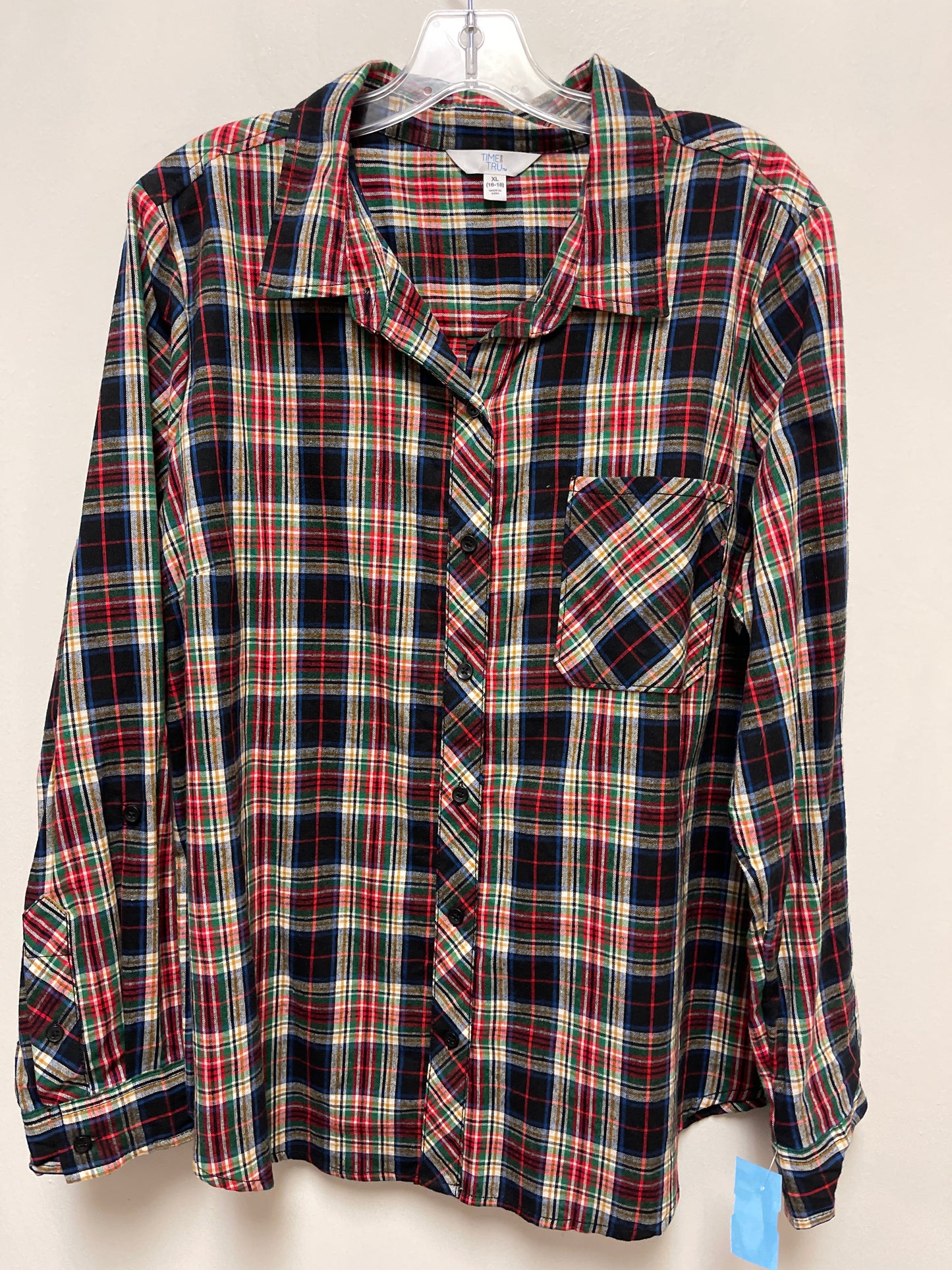 Blouse Long Sleeve By Time And Tru In Plaid Pattern, Size: Xl