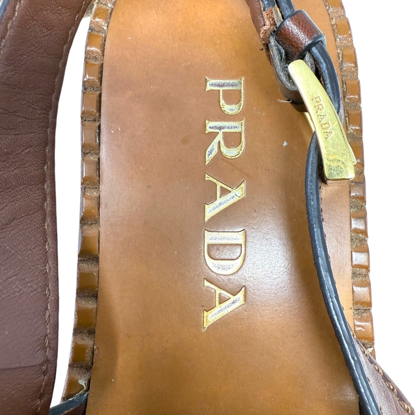 Leather Chain Front Slingback Sandals Luxury Designer By Prada In Brown, Size: US 9/ IT 39.5