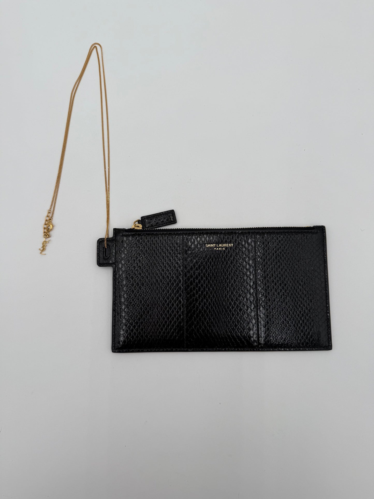 Clutch Luxury Designer By Yves Saint Laurent In Black & Gold, Size:Small