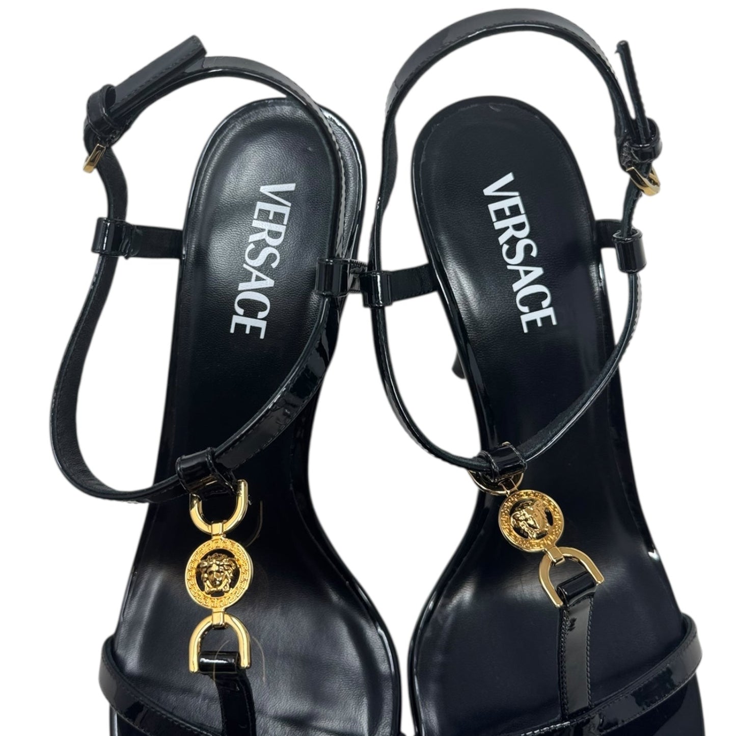 Medusa ‘95 Patent Strappy Stiletto Heels 115mm Shoes Luxury Designer By Versace In Black, Size: 11 (IT 41)