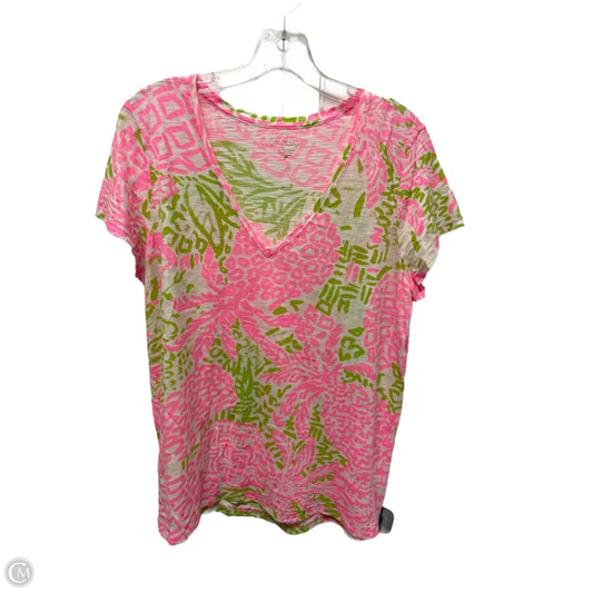 Top Short Sleeve Designer By Lilly Pulitzer In Green & Pink, Size: L