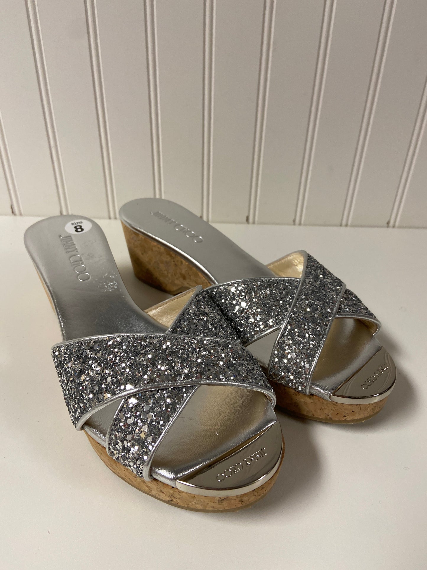 Sandals Luxury Designer By Jimmy Choo In Silver, Size: 8