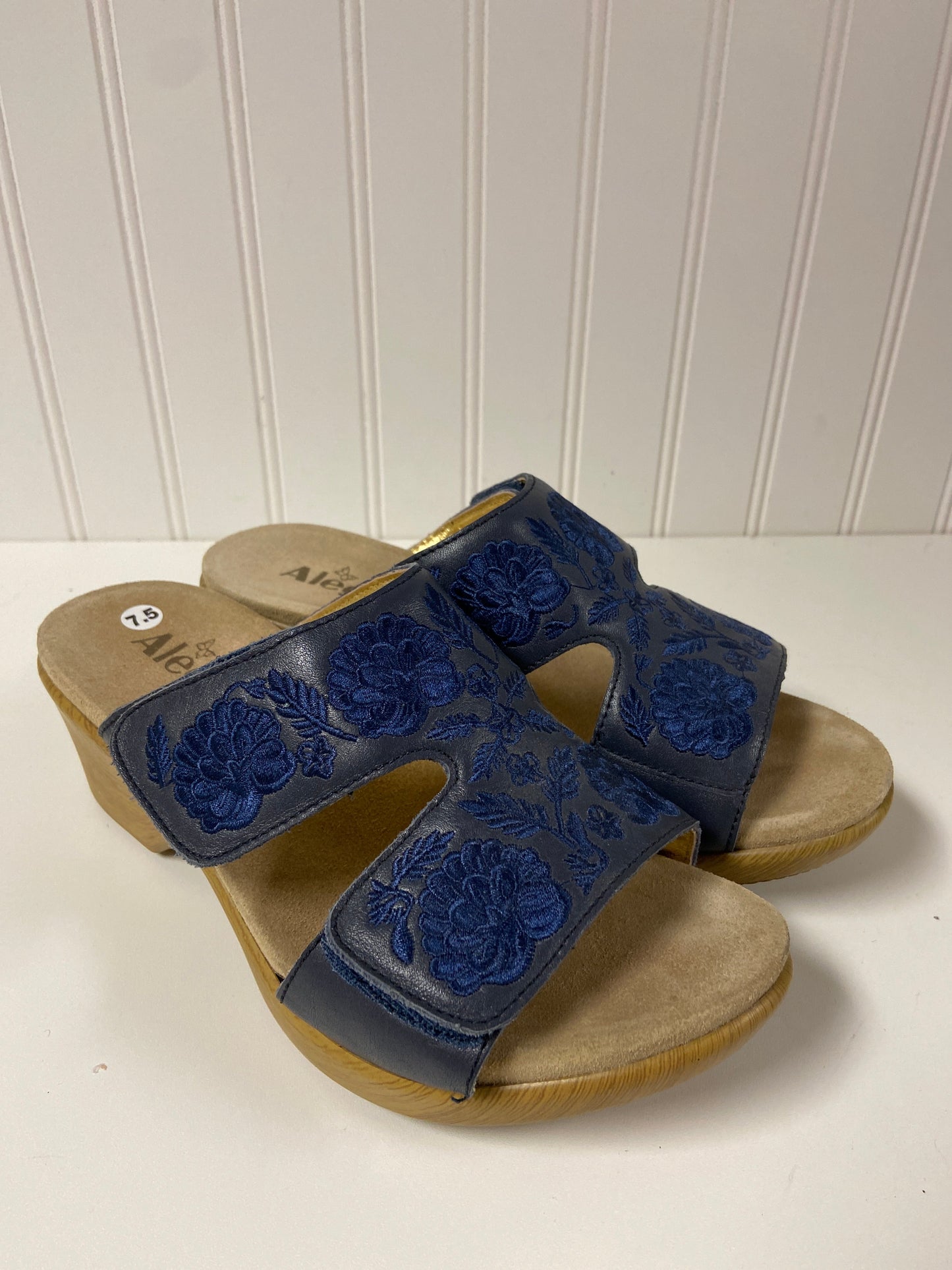 Navy Sandals Heels Wedge Alegria, Size 7.5