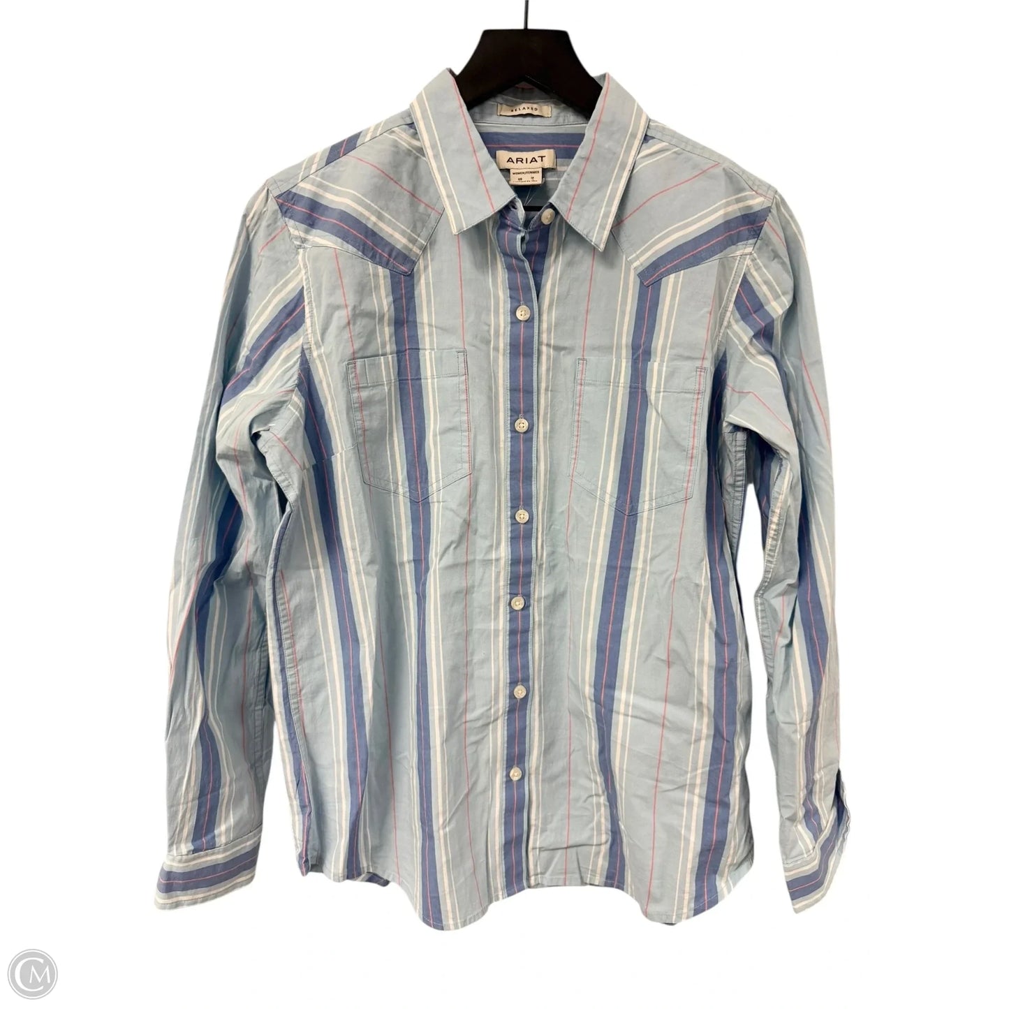 Blouse Long Sleeve By Ariat In Blue & Orange, Size: M