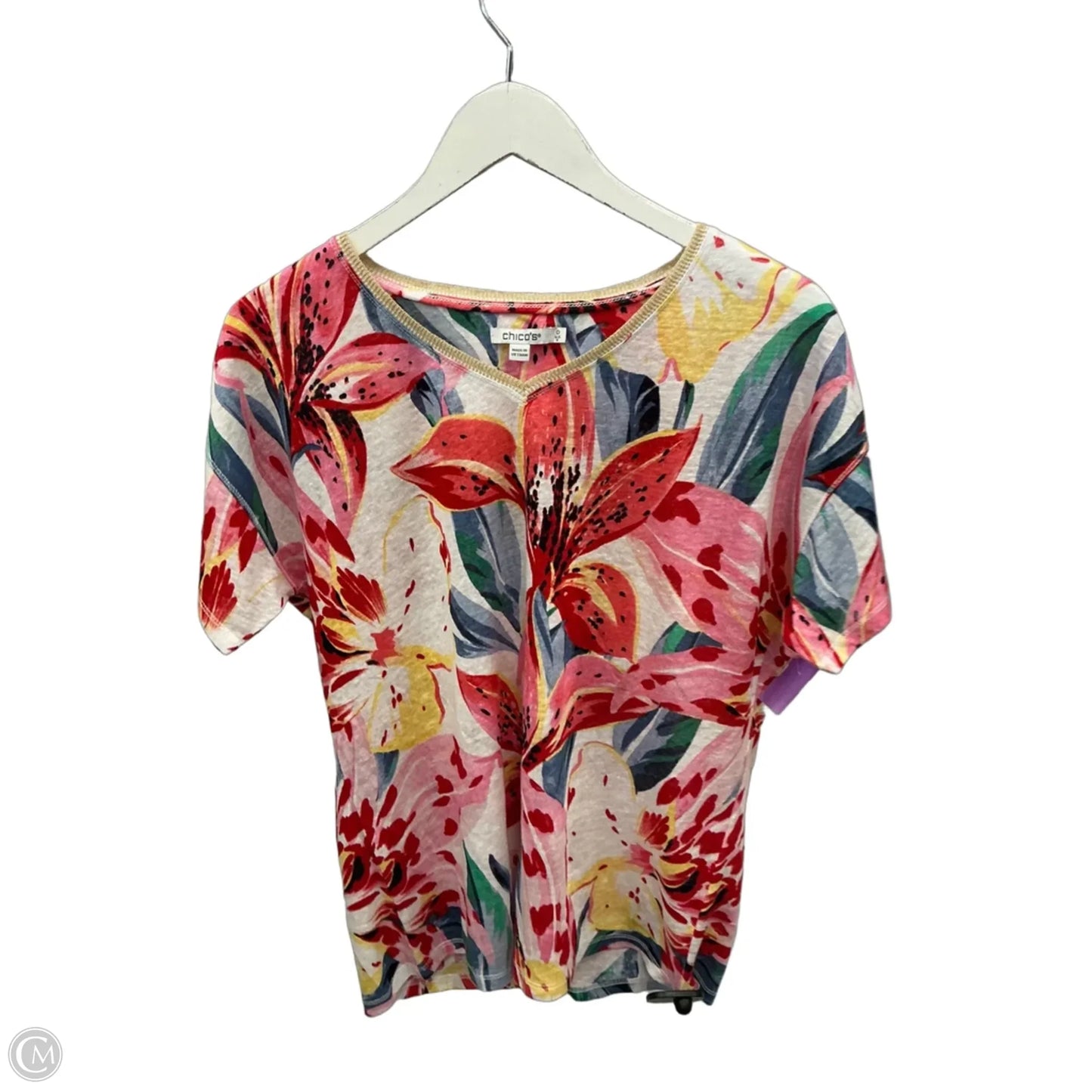 Top Short Sleeve By Chicos In Pink & White, Size: S