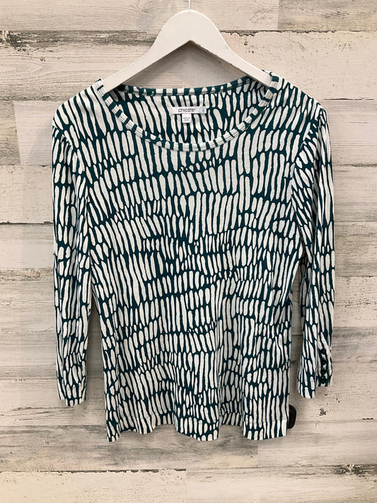 Top Long Sleeve By Chicos In Green & White, Size: M