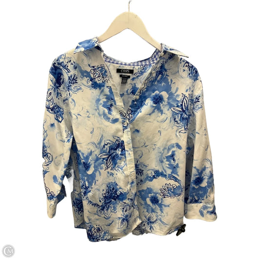 Top 3/4 Sleeve By Chaps In Blue & White, Size: 1x