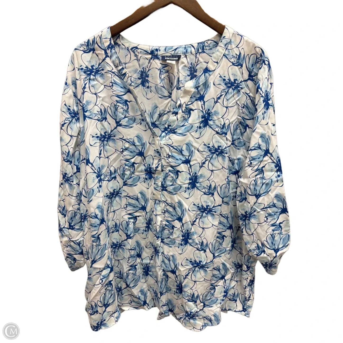 Top Long Sleeve By Basic Editions In Blue & White, Size: 2x