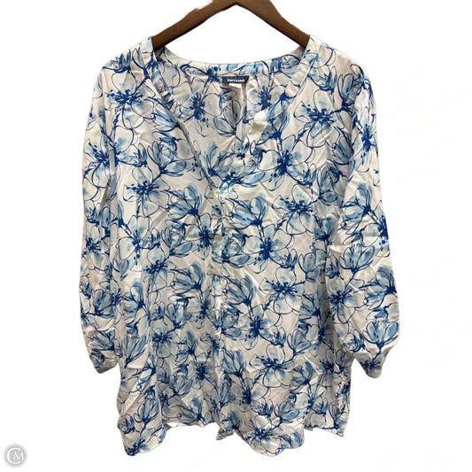 Top Long Sleeve By Basic Editions In Blue & White, Size: 2x
