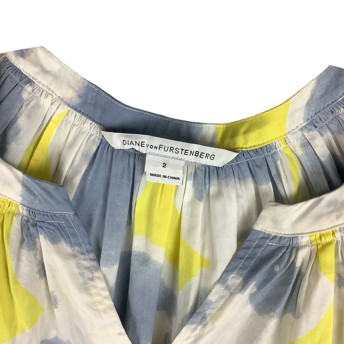 Blue & Yellow Top Short Sleeve Designer Diane Von Furstenberg, Size 2