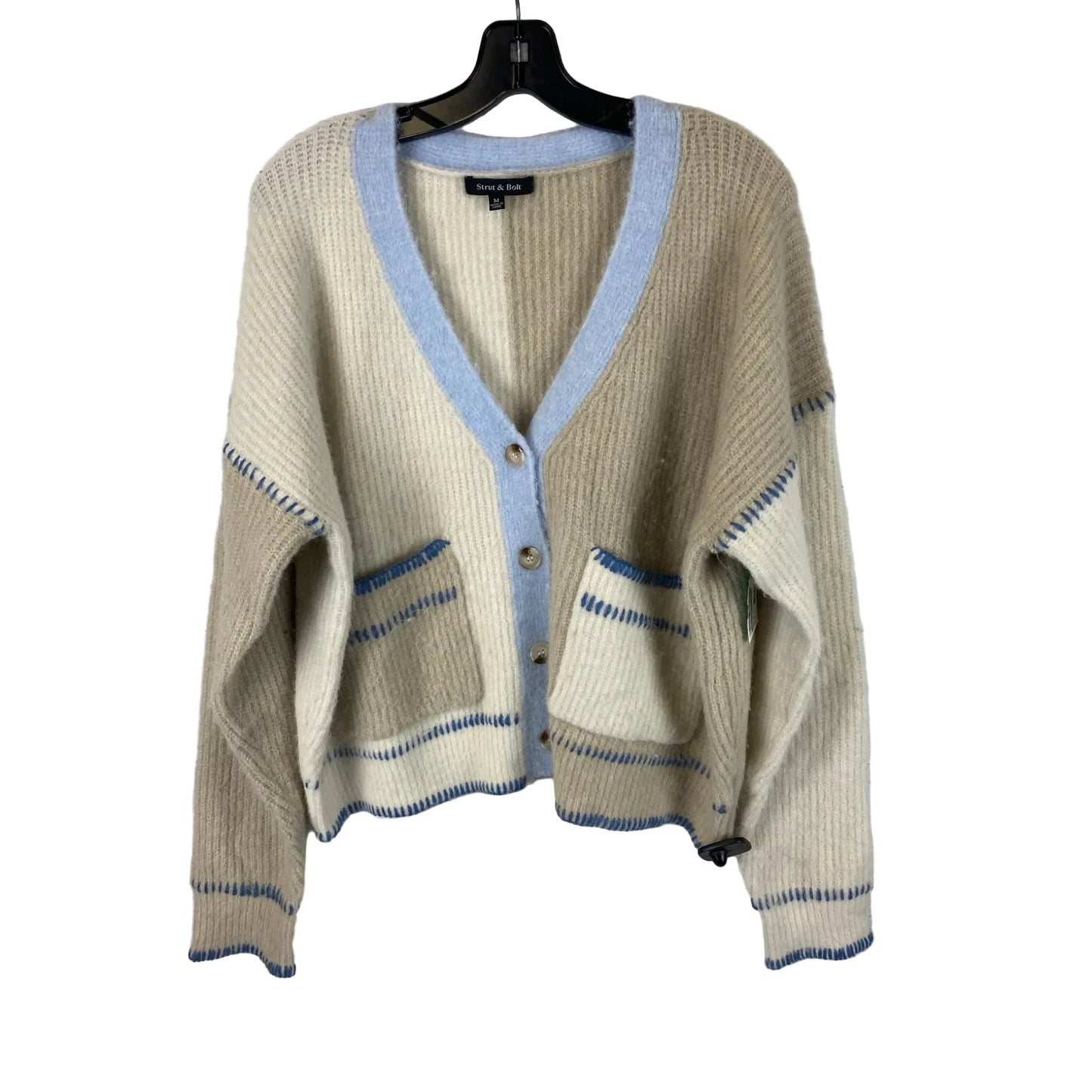 Sweater Cardigan By Strut & Bolt In Blue & Cream, Size: M