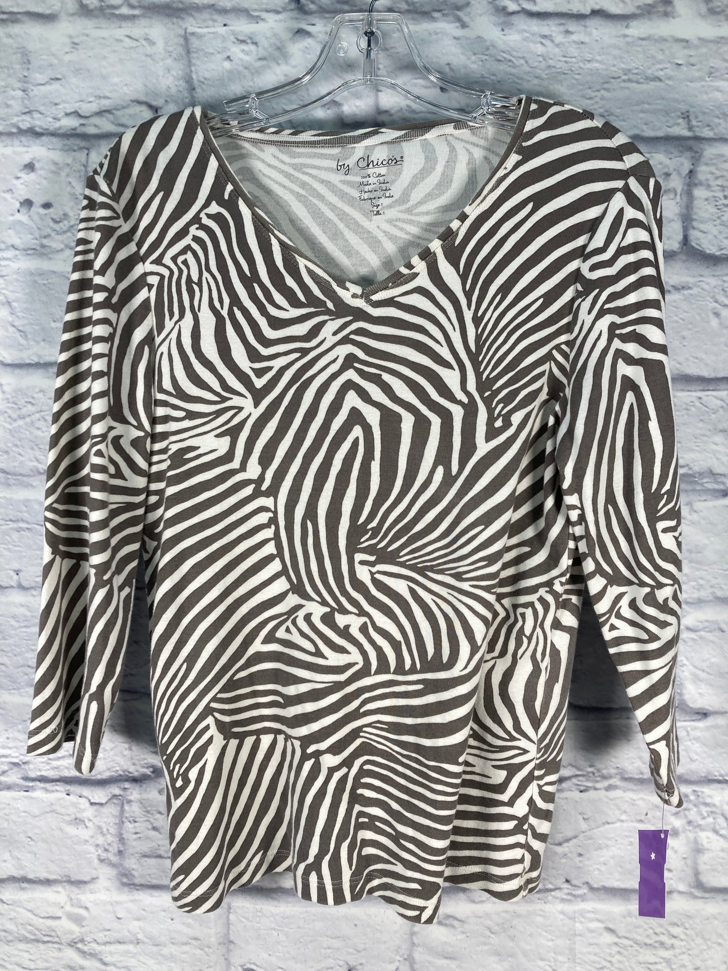 Top 3/4 Sleeve Basic By Chicos In Grey & White, Size: M