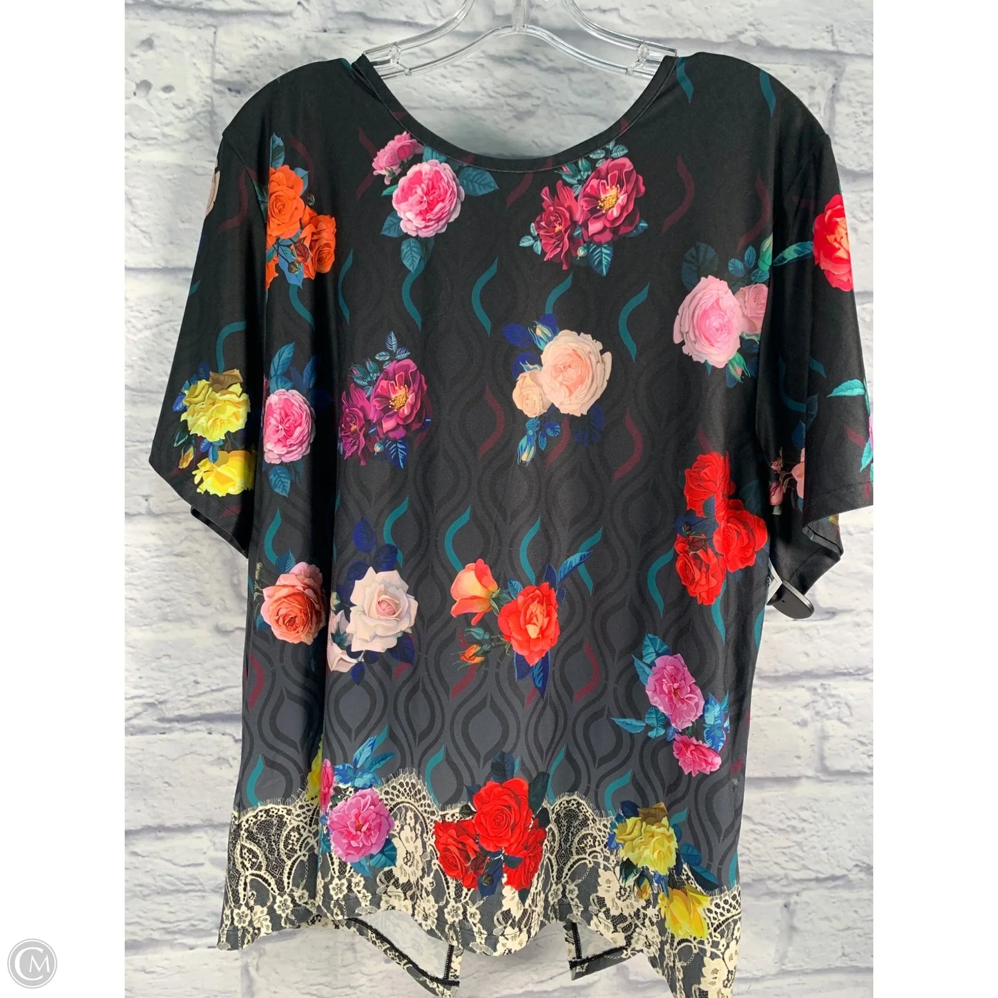 Top Short Sleeve By Johnny Was In Black & Pink, Size: Xl