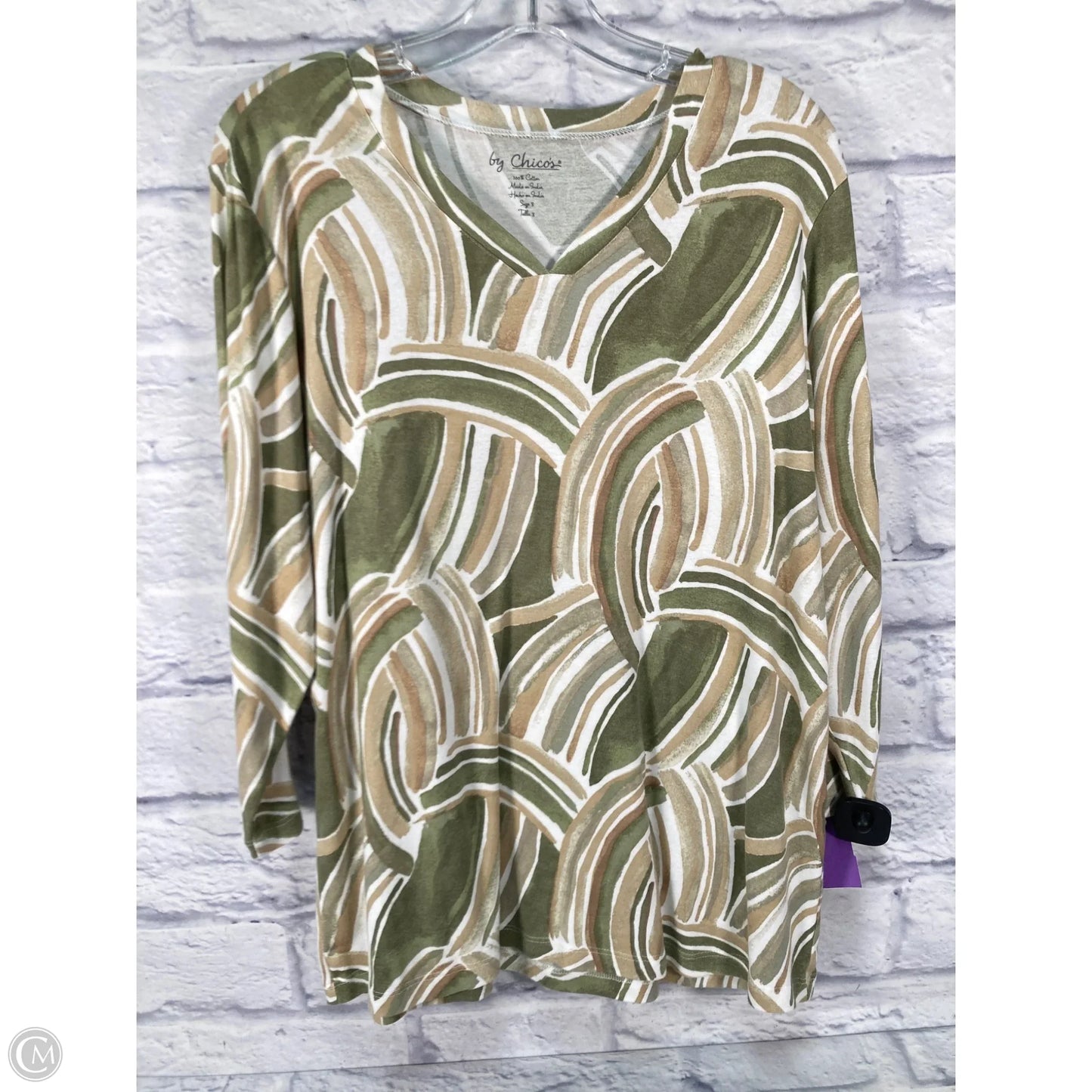 Top 3/4 Sleeve By Chicos In Cream & Green, Size: Xl