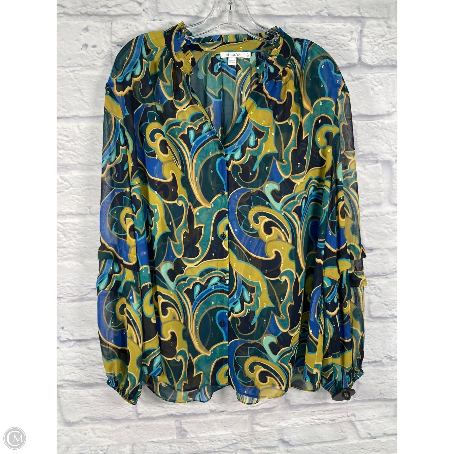 Blouse Long Sleeve By Chicos In Blue & Green, Size: 2x