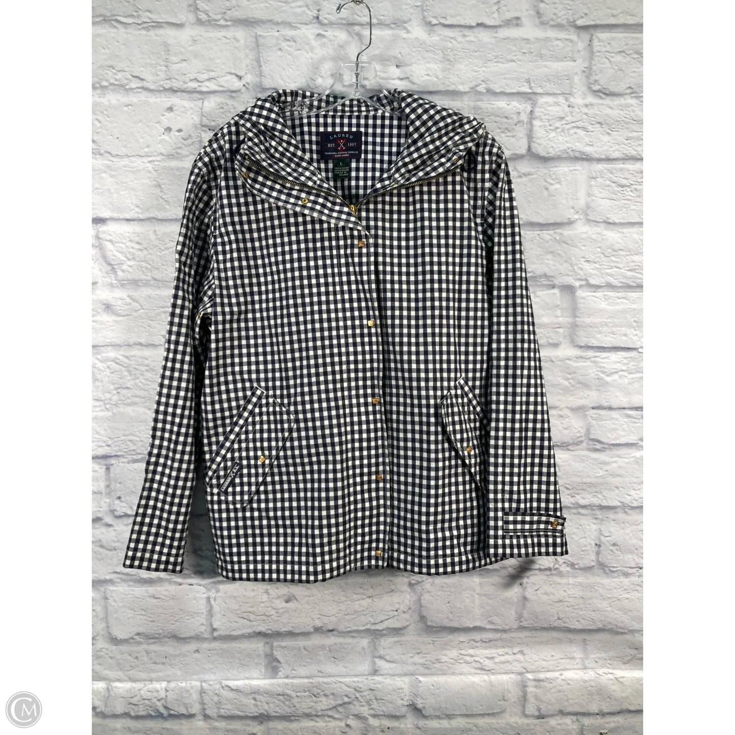 Coat Raincoat By Lauren By Ralph Lauren In Blue & White, Size: L