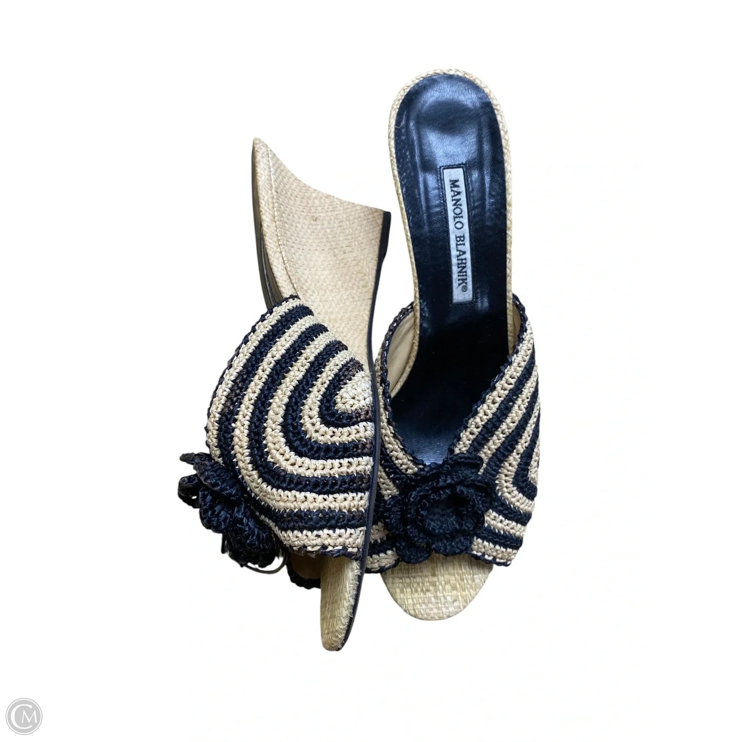 Sandals Luxury Designer By Manolo Blahnik In Black & Tan, Size: 7