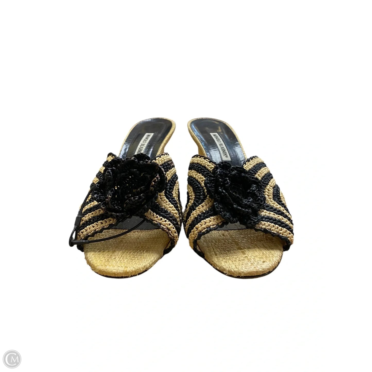 Sandals Luxury Designer By Manolo Blahnik In Black & Tan, Size: 7