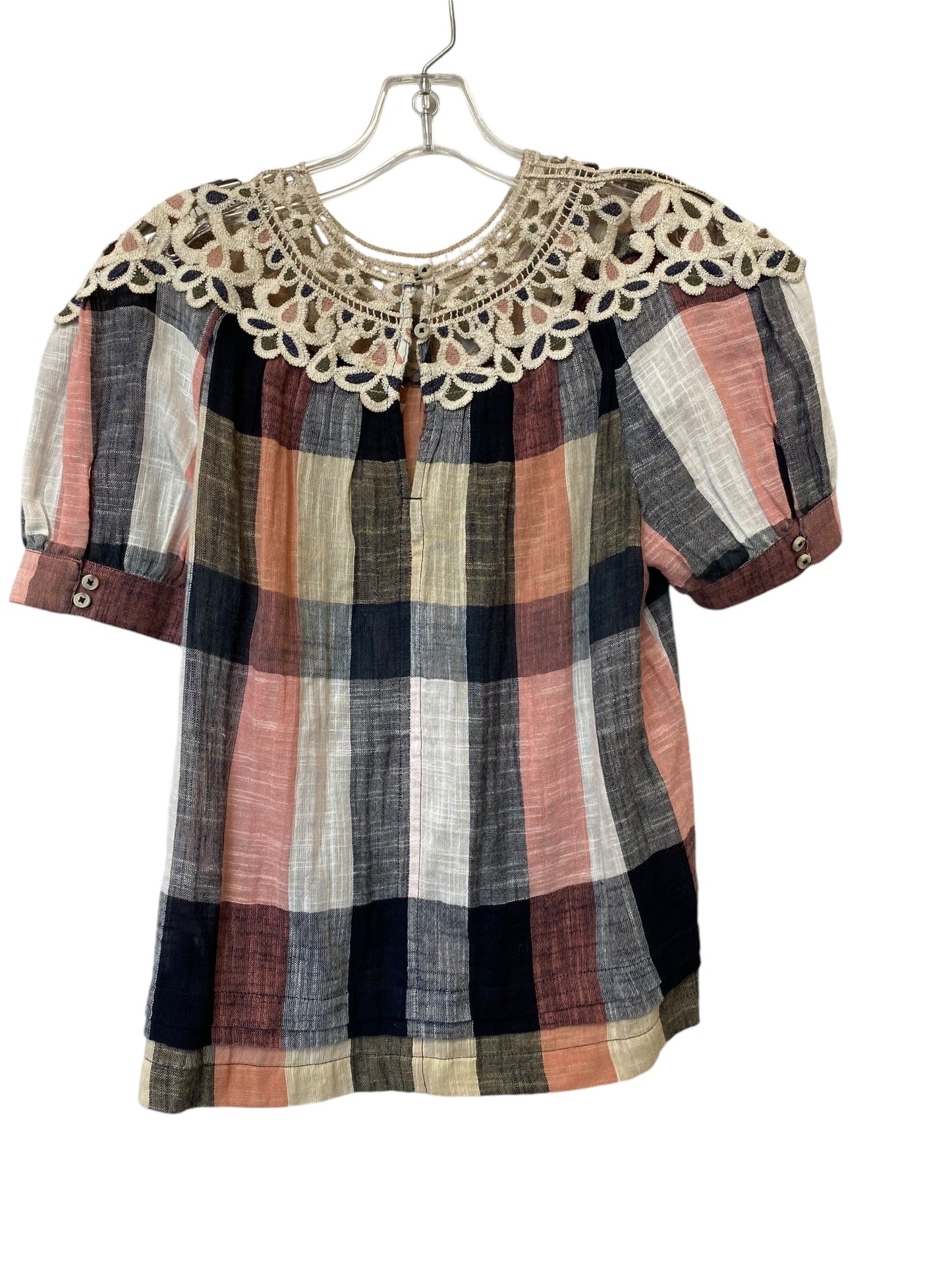 Top Short Sleeve By Anthropologie In Plaid Pattern, Size: Xs