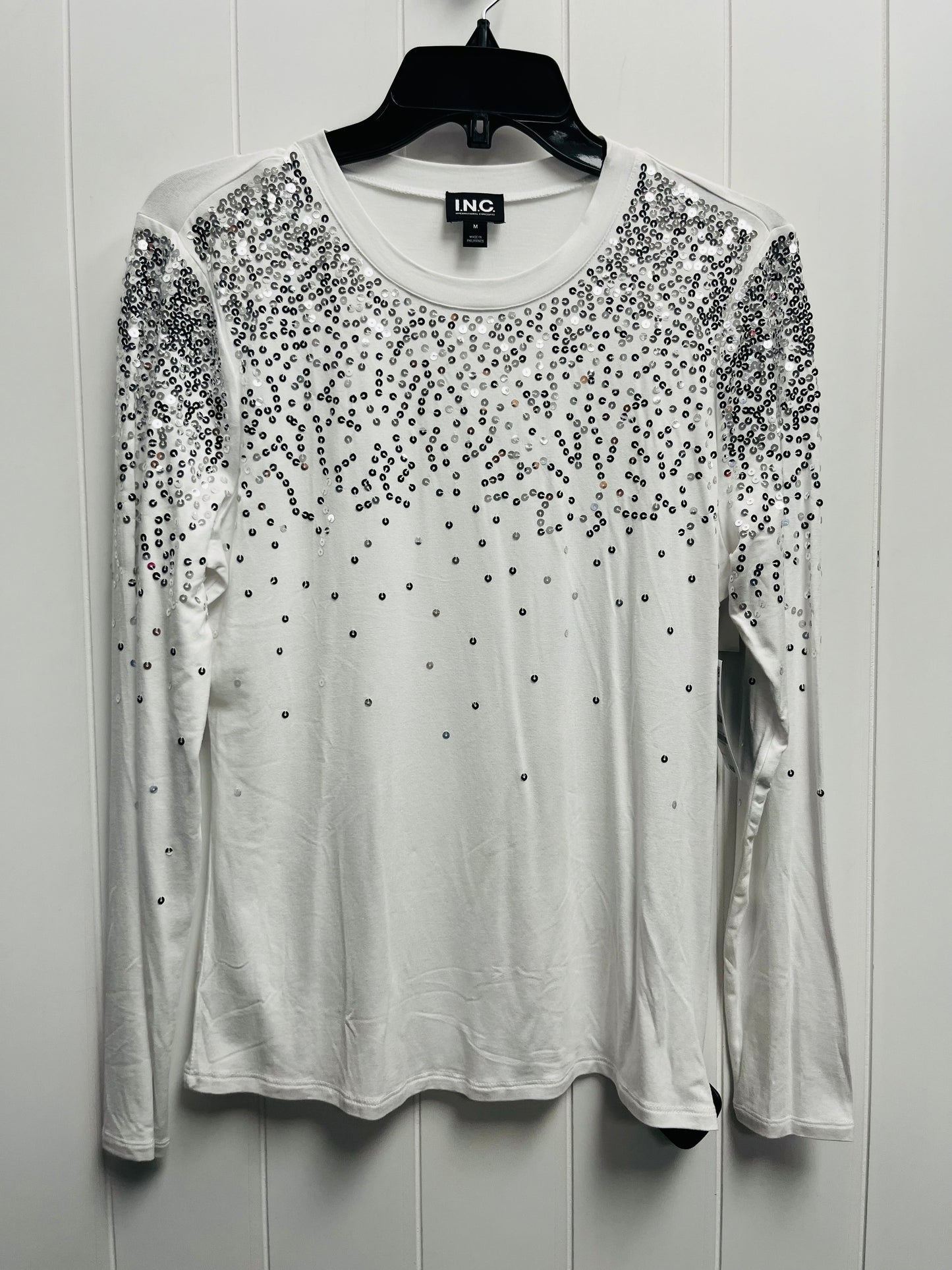 Top Long Sleeve By Inc In Silver & White, Size: M