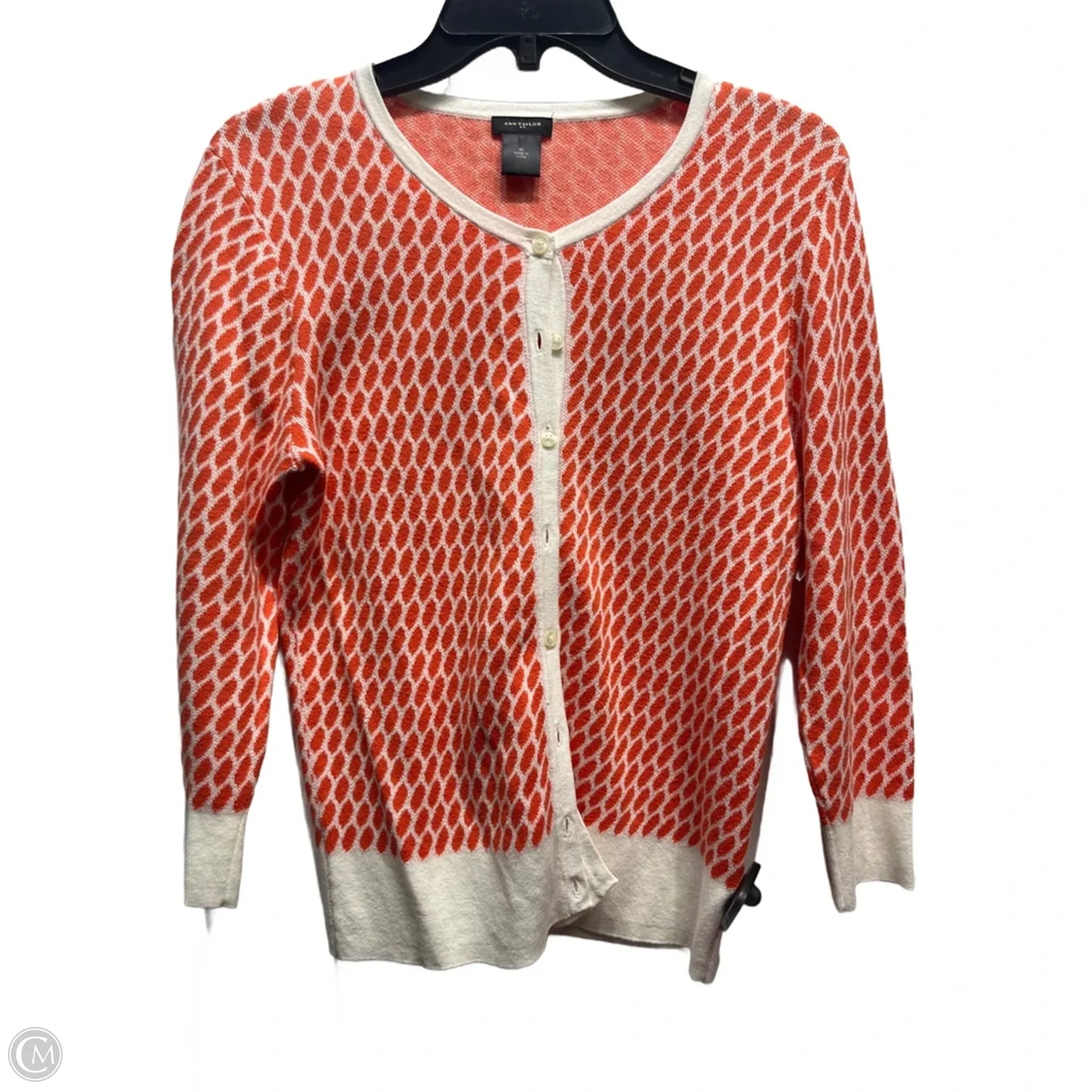Sweater Cardigan By Ann Taylor In Orange & White, Size: M