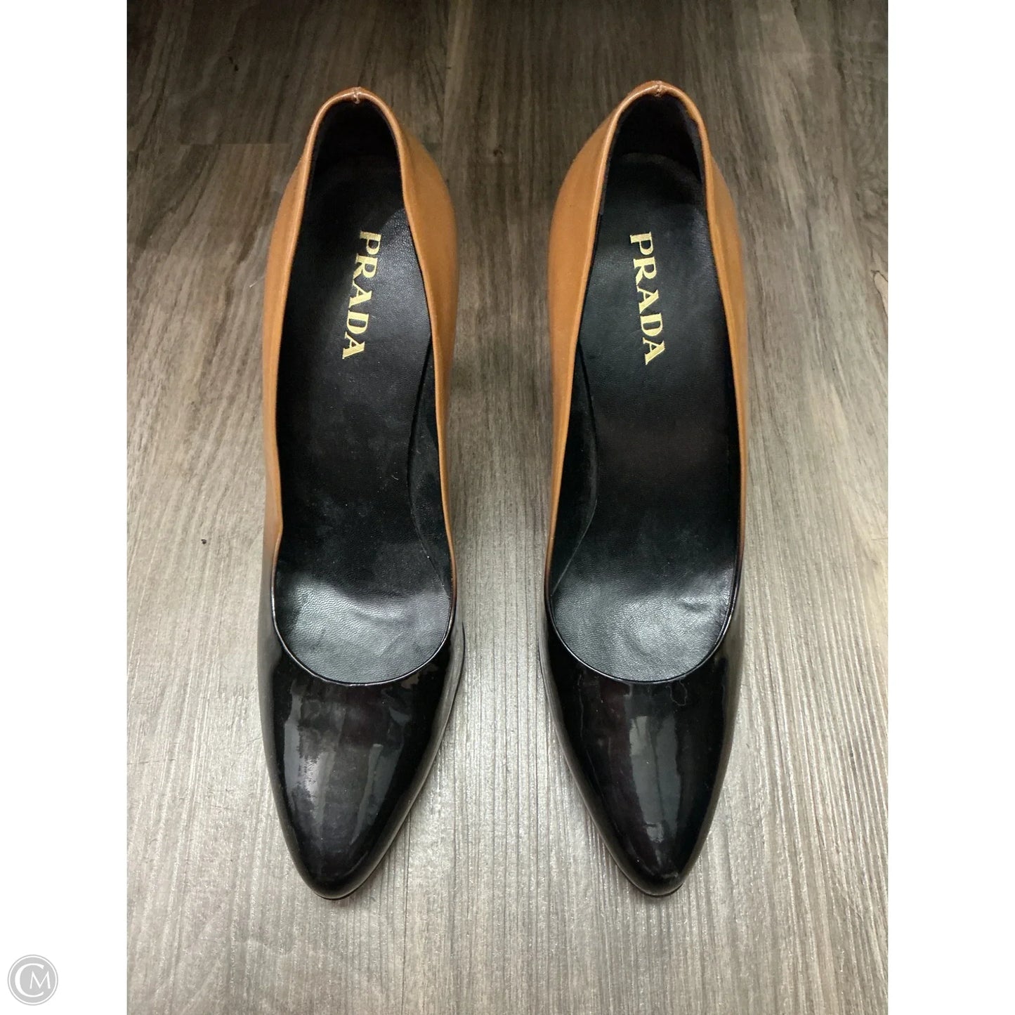 Shoes Luxury Designer By Prada In Black & Tan, Size: 10