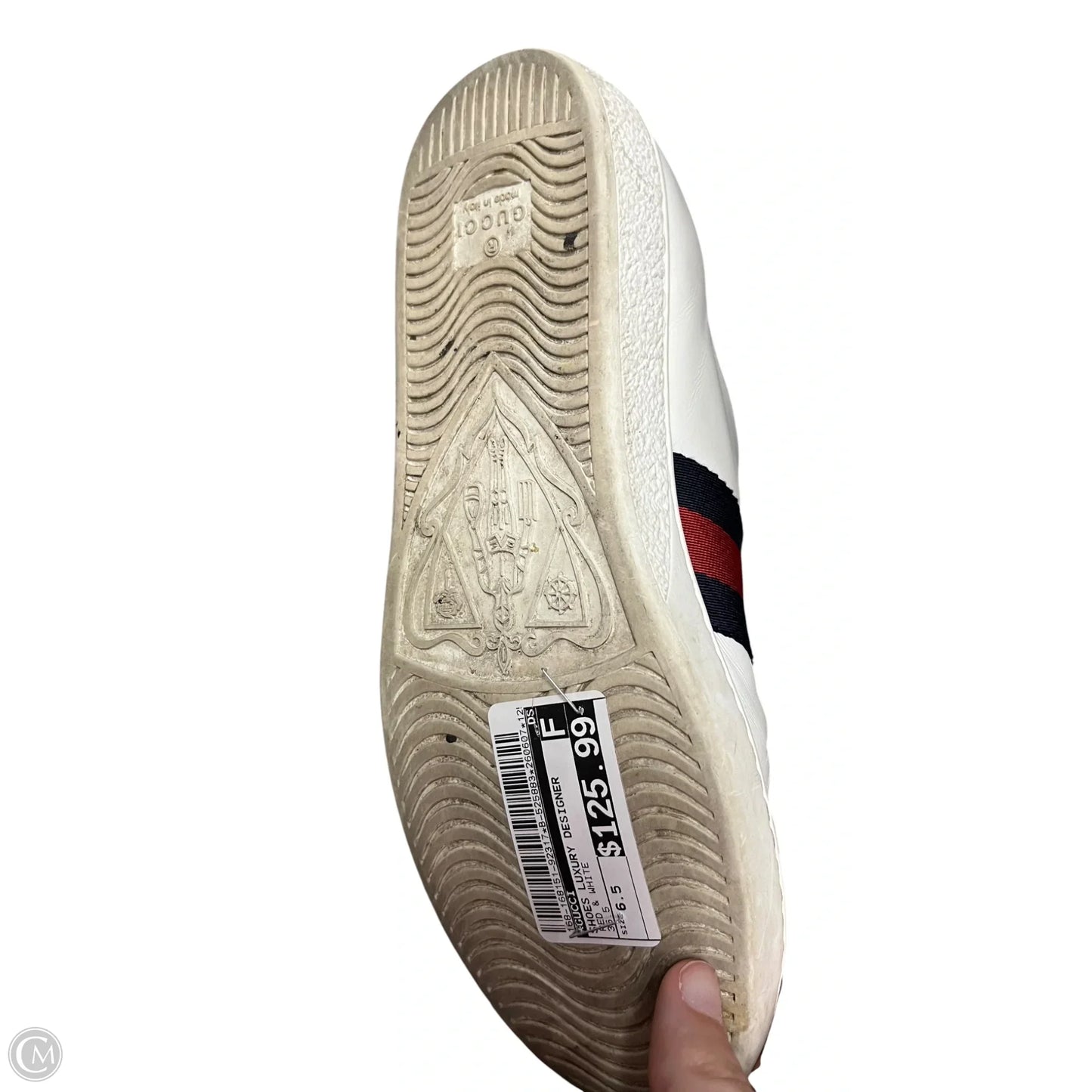 Shoes Luxury Designer By Gucci In Red & White, Size: 6.5