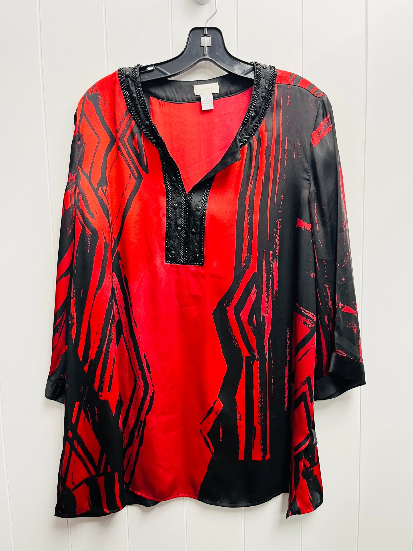 Tunic Long Sleeve By Chicos In Black & Red, Size: L