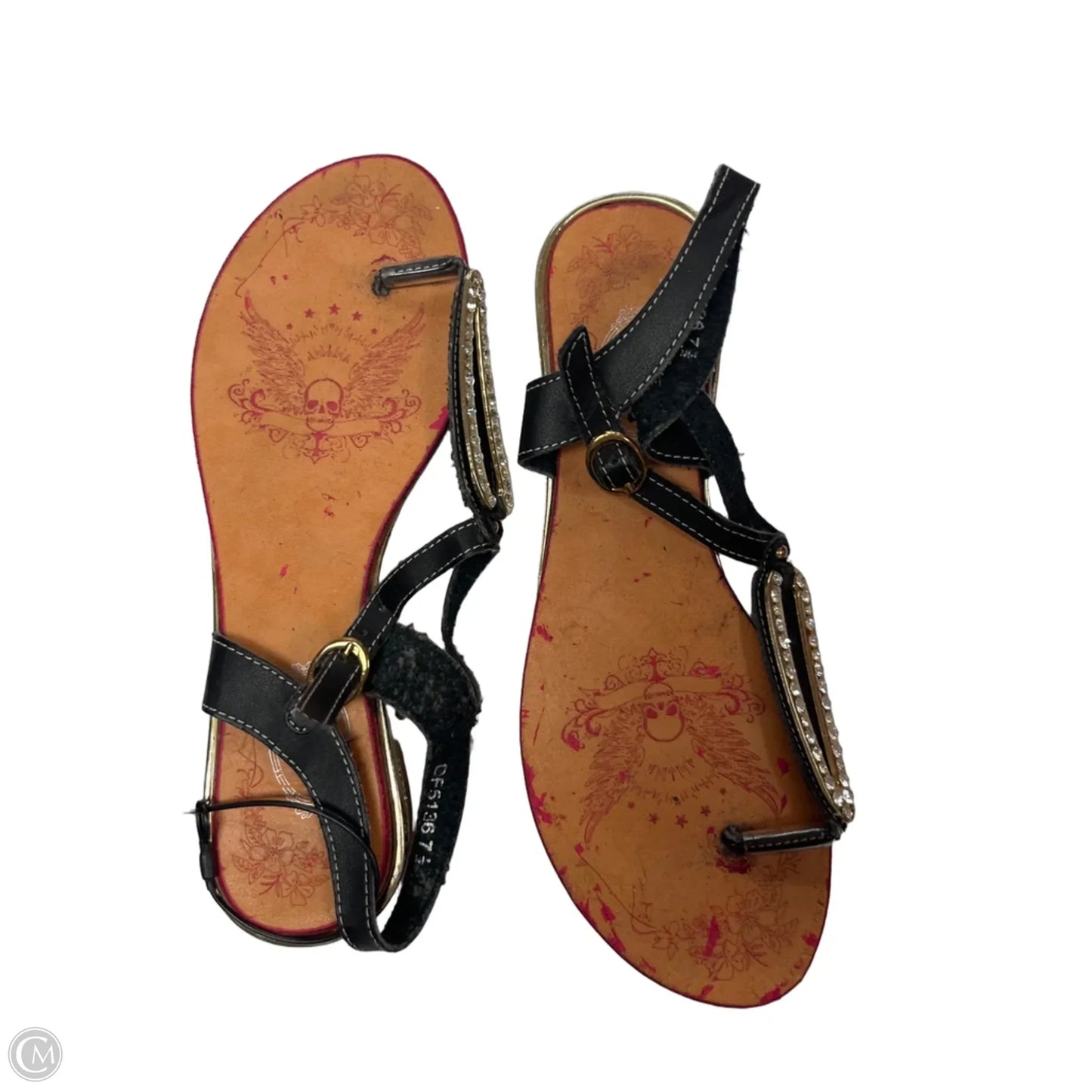 Sandals Flats By ITALINA In Black & Gold, Size: 7.5