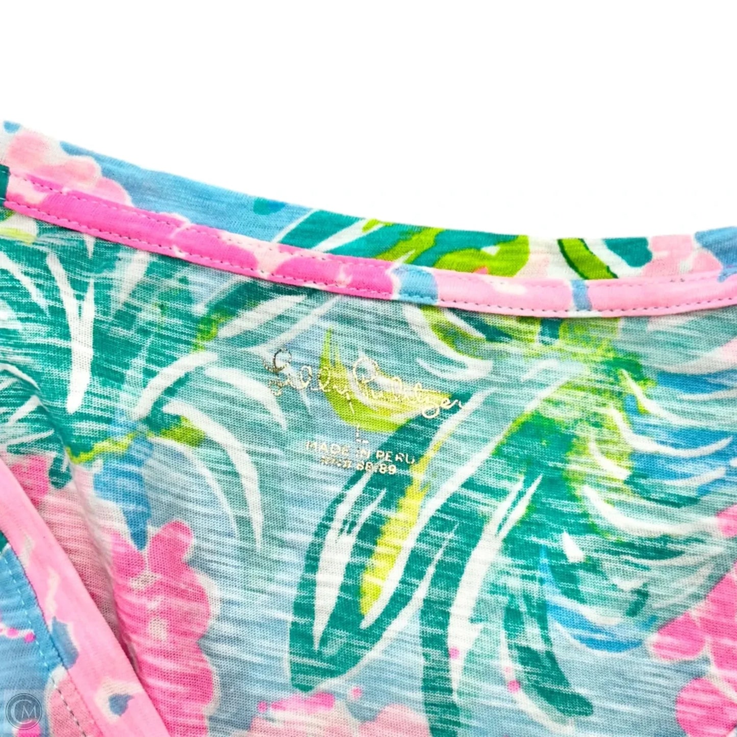 Top Short Sleeve Designer By Lilly Pulitzer In Green & Pink, Size: L