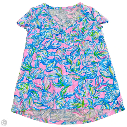 Top Short Sleeve Designer By Lilly Pulitzer In Blue & Pink, Size: Xs
