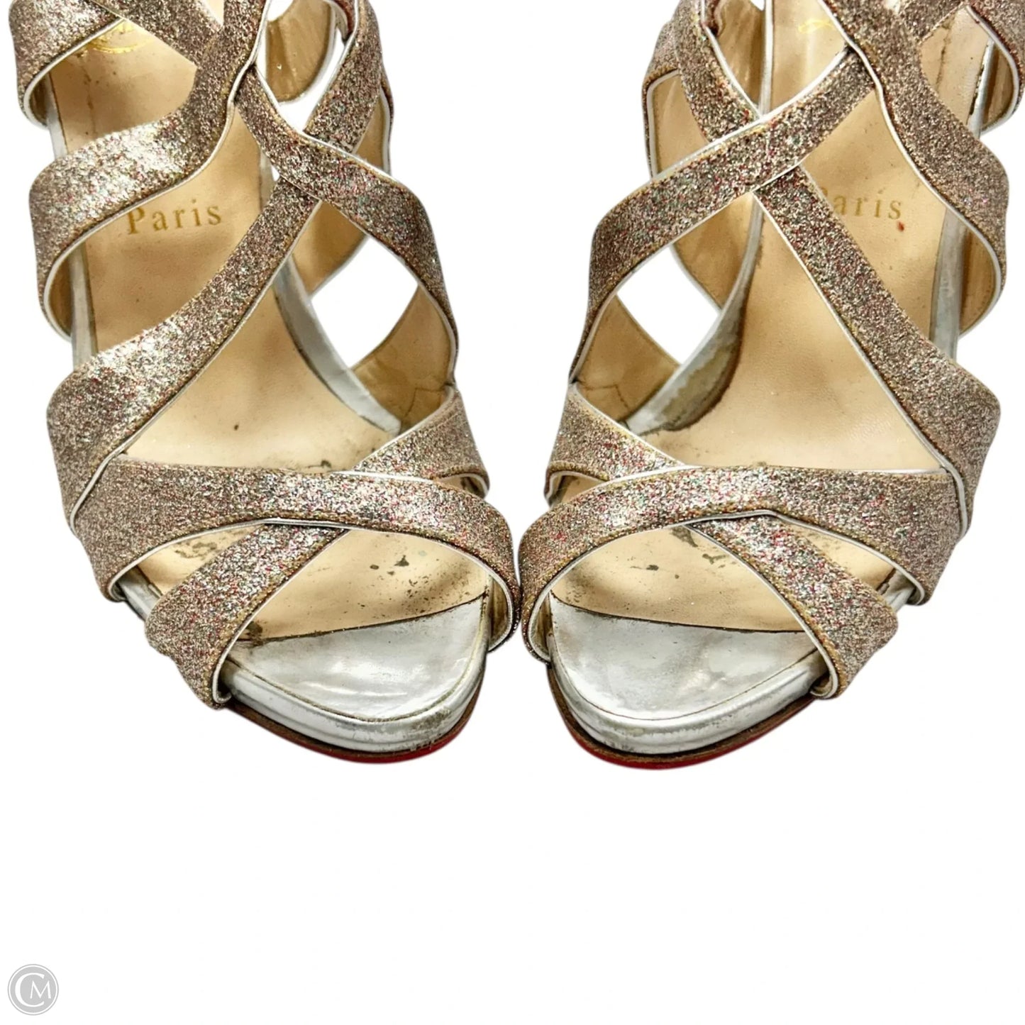 Shoes Luxury Designer By Christian Louboutin In Gold & Red, Size: 9.5