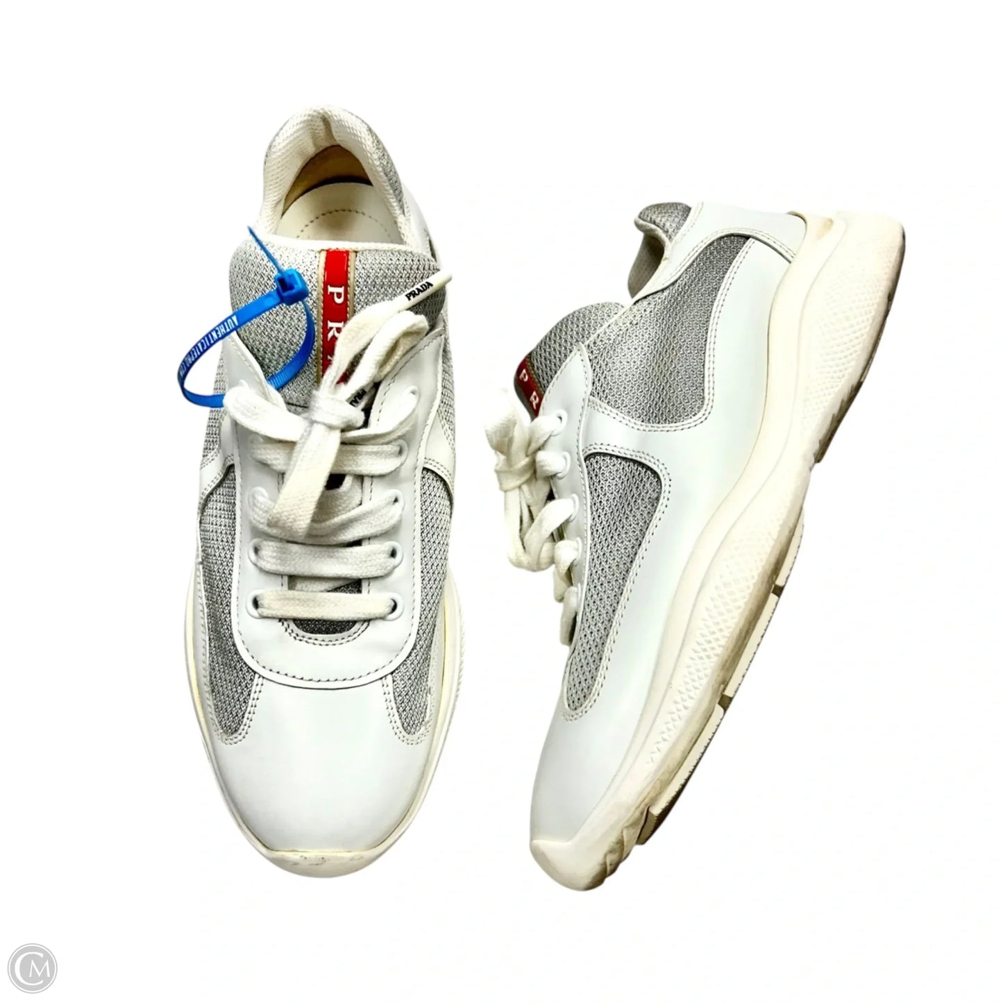 Shoes Luxury Designer By Prada In Grey & White, Size: 8.5